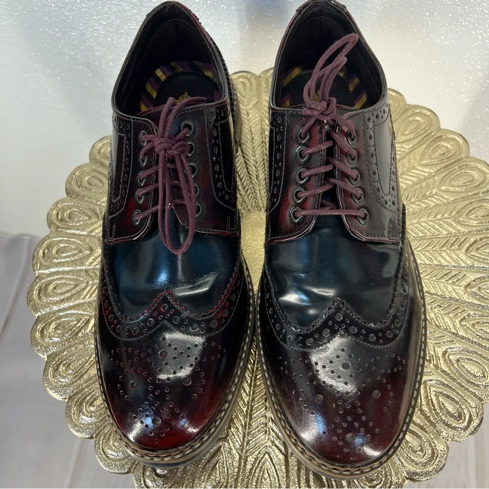 Base London Men’s Leather Brogue Wingtip Oxford Dress Shoes Burgundy‎